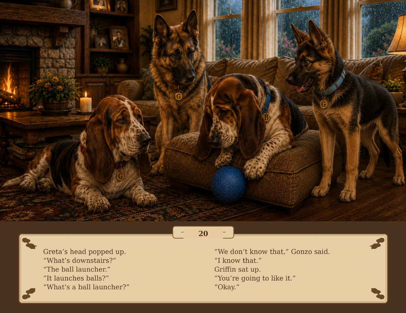 Brando, Gonzo, Raven, Griffin, and Greta gathered together inside their home