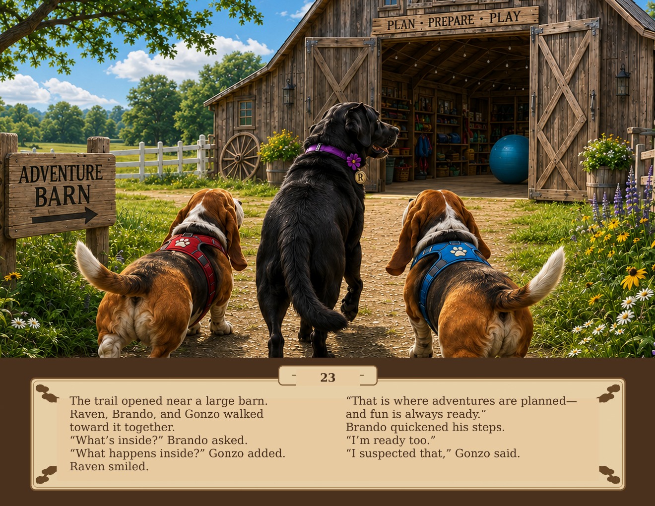 Raven leads Brando and Gonzo toward the open doors of the Adventure Barn